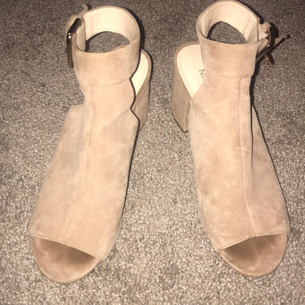 nude suede Nine West open toed booties